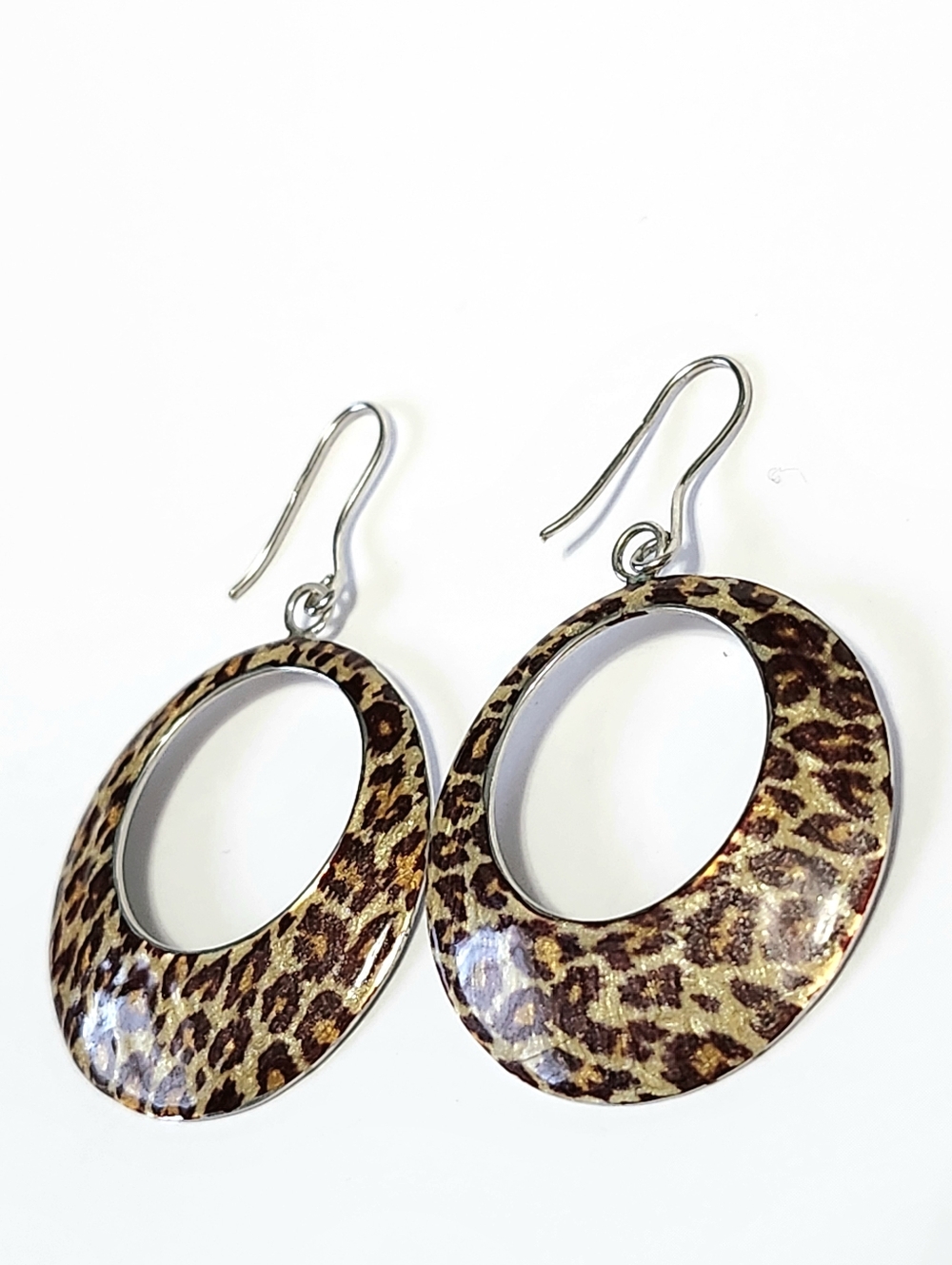 Sterling Silver Enamel Leopard Print Open Hoop Dangle Earrings 2" - Picture 4 of 10